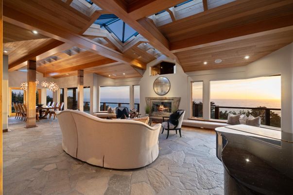 Dining room, Fireplace, Interior, Living room, Recessed Lighting, Water, Wooden Beams, Wooden Ceilings