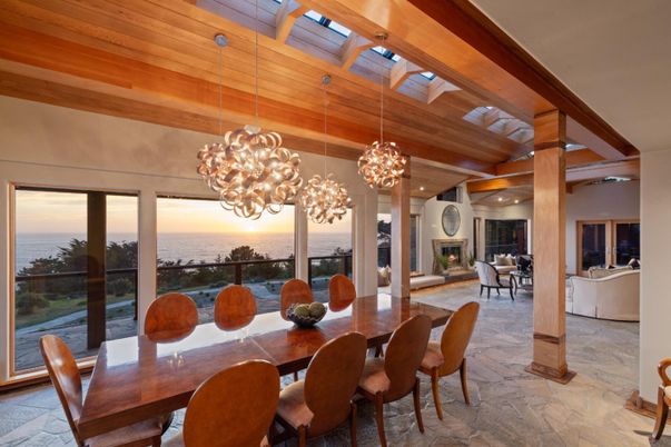 Chandelier, Dining room, Fireplace, Interior, Living room, Pendant Lights, Water, Wooden Beams, Wooden Ceilings