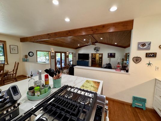 Dining room, Interior, Kitchen, Living room, Recessed Lighting, Wooden Beams, Wooden Ceilings, Wood Texture Flooring