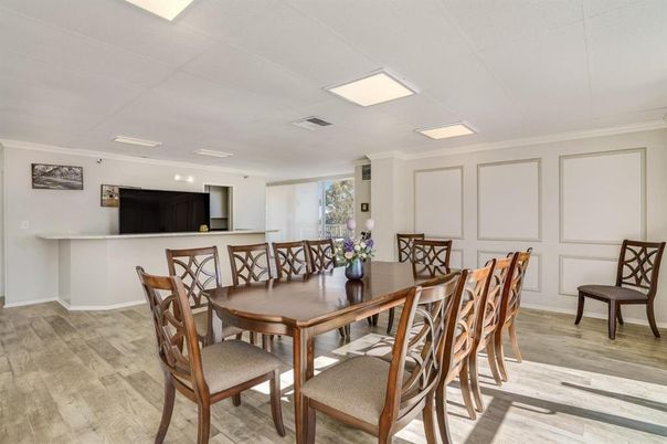 Dining room, Interior, Recessed Lighting, Wood Texture Flooring