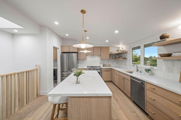 Interior, Kitchen, Pendant Lights, Recessed Lighting, Stainless Steel Appliances, Wood Texture Flooring