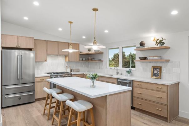 Interior, Kitchen, Pendant Lights, Recessed Lighting, Stainless Steel Appliances, Wood Texture Flooring