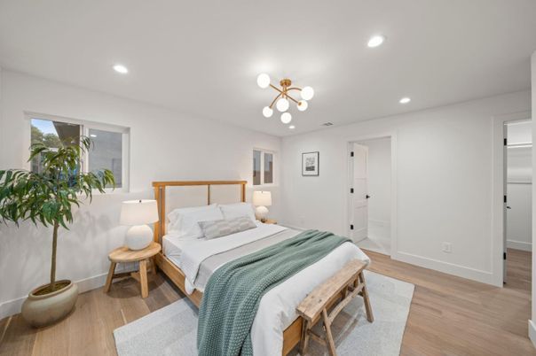 Bedroom, Interior, Pendant Lights, Recessed Lighting, Wood Texture Flooring