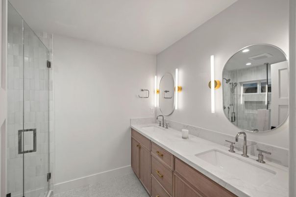 Bathroom, Dual Sink Vanities, Glass Shower, Interior, Recessed Lighting