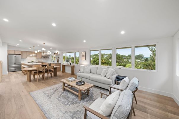 Dining room, Interior, Kitchen, Living room, Pendant Lights, Recessed Lighting, Stainless Steel Appliances, Wood Texture Flooring