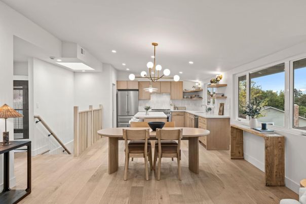 Dining room, Interior, Kitchen, Pendant Lights, Recessed Lighting, Stainless Steel Appliances, Wood Texture Flooring