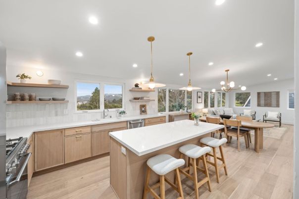Dining room, Interior, Kitchen, Pendant Lights, Recessed Lighting, Stainless Steel Appliances, Wood Texture Flooring