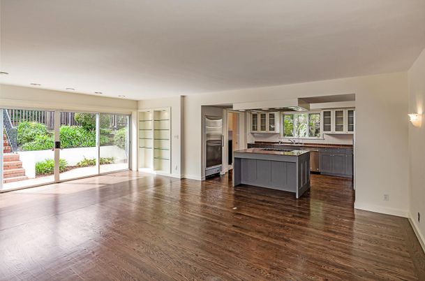 Empty room, Interior, Kitchen, Recessed Lighting, Wood Texture Flooring