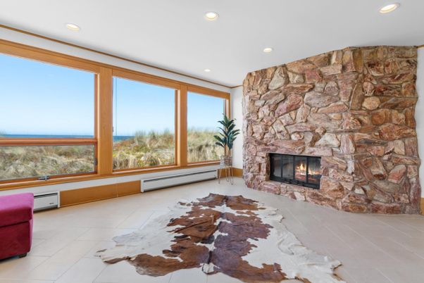 Fireplace, Interior, Recessed Lighting, Stone Walls