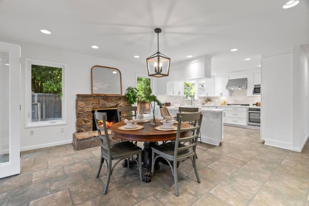 Dining room, Fireplace, Interior, Kitchen, Pendant Lights, Recessed Lighting