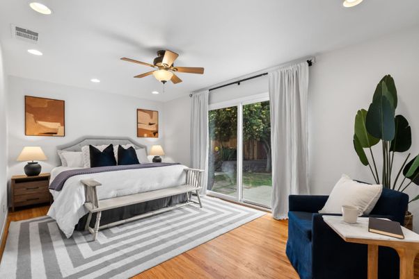 Bedroom, Interior, Recessed Lighting, Wood Texture Flooring