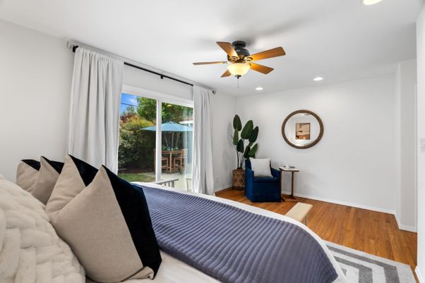 Bedroom, Interior, Recessed Lighting, Wood Texture Flooring