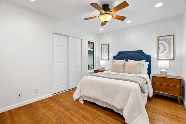 Bedroom, Interior, Recessed Lighting, Wood Texture Flooring
