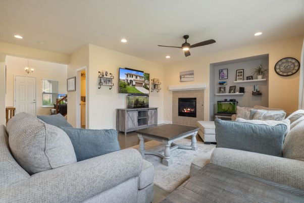 Fireplace, Interior, Living room, Recessed Lighting, Wood Texture Flooring