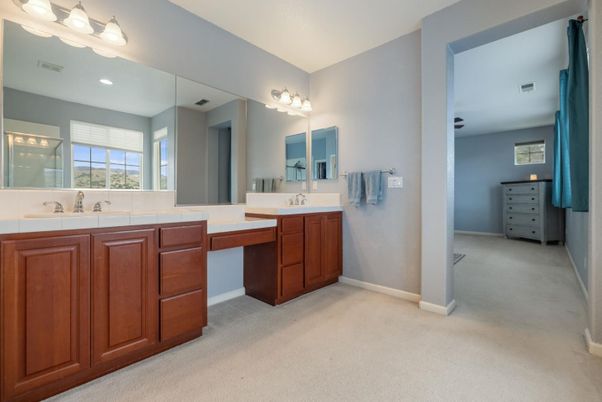 Bathroom, Dual Sink Vanities, Interior, Recessed Lighting, Tile Countertops