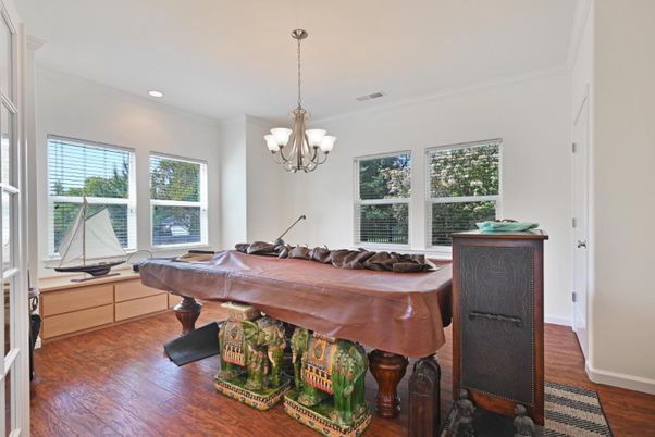 Billiard Table, Chandelier, Game Room, Interior, Recessed Lighting, Wood Texture Flooring