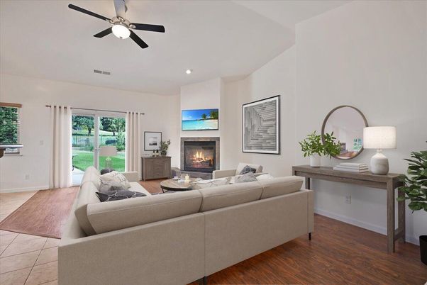 Fireplace, Interior, Living room, Recessed Lighting, Wood Texture Flooring