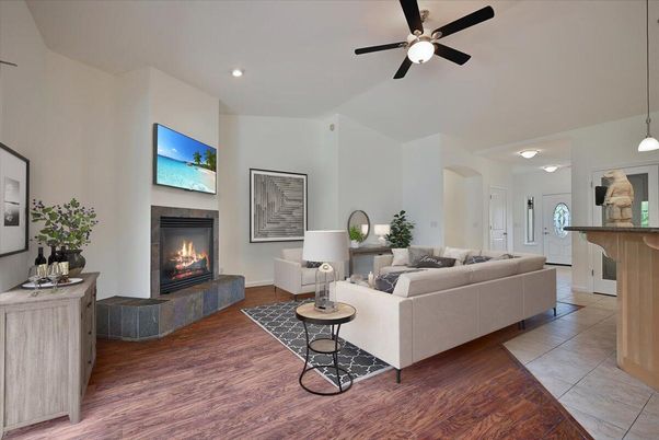 Fireplace, Interior, Living room, Pendant Lights, Recessed Lighting, Wood Texture Flooring