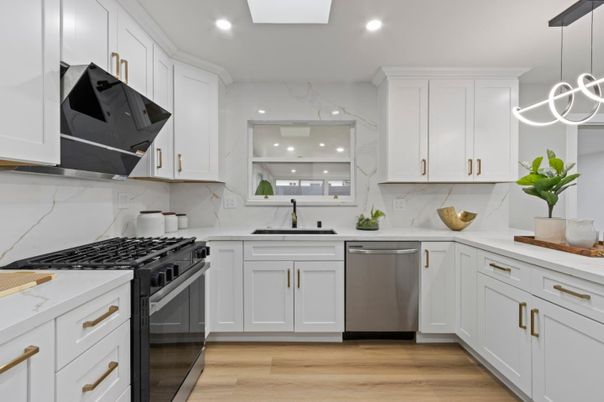 Interior, Kitchen, Marble Walls, Pendant Lights, Recessed Lighting, Stainless Steel Appliances, Wood Texture Flooring