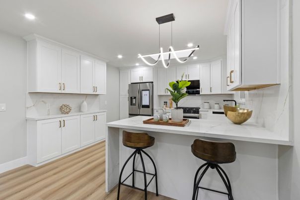 Interior, Kitchen, Marble Walls, Pendant Lights, Recessed Lighting, Stainless Steel Appliances, Wood Texture Flooring
