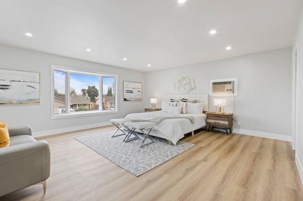 Bedroom, Interior, Recessed Lighting, Wood Texture Flooring