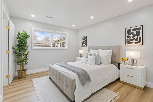 Bedroom, Interior, Recessed Lighting, Wood Texture Flooring