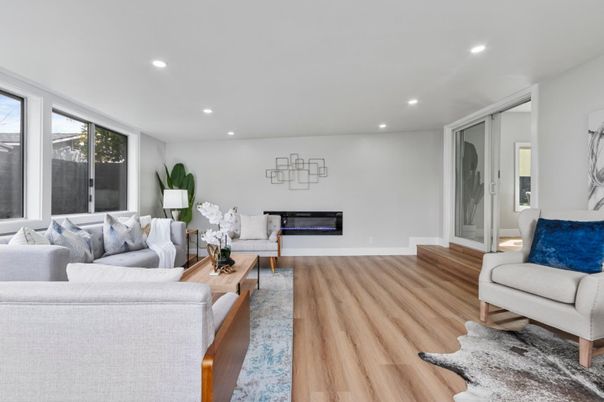 Fireplace, Interior, Living room, Recessed Lighting, Wood Texture Flooring