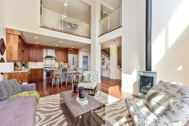 Fireplace, Interior, Kitchen, Living room, Recessed Lighting, Stainless Steel Appliances, Wood Texture Flooring