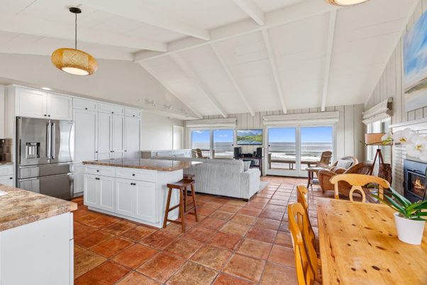 Dining room, Fireplace, Interior, Kitchen, Living room, Pendant Lights, Stainless Steel Appliances