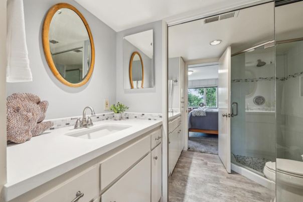 Bathroom, Glass Shower, Interior, Recessed Lighting, Wood Texture Flooring