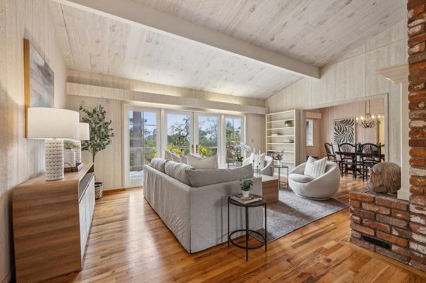 Chandelier, Dining room, Interior, Living room, Stone Walls, Wooden Ceilings, Wood Texture Flooring