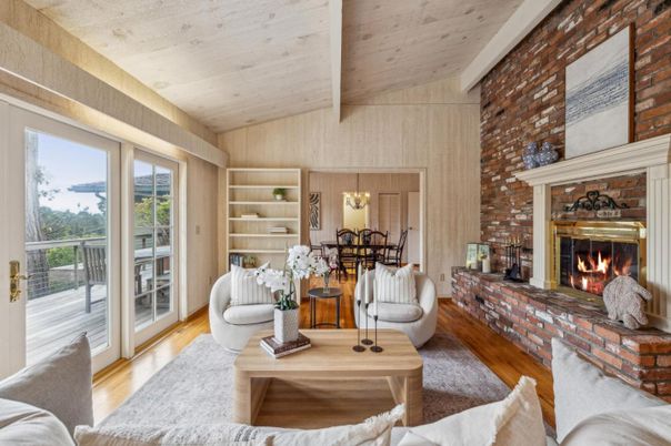 Dining room, Fireplace, Interior, Living room, Stone Walls, Wooden Ceilings, Wood Texture Flooring