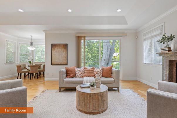Dining room, Fireplace, Interior, Living room, Pendant Lights, Recessed Lighting, Wood Texture Flooring