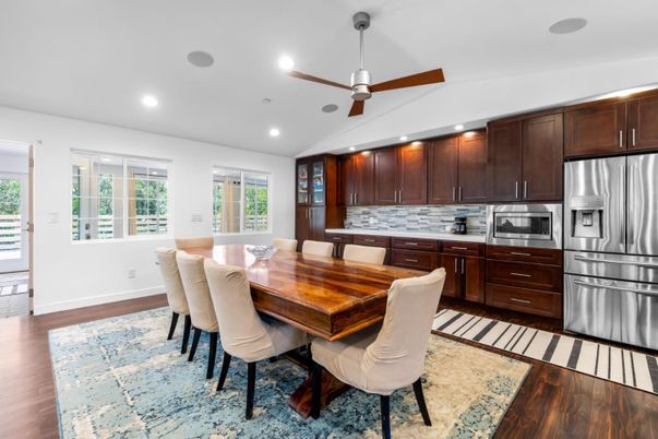 Dining room, Interior, Kitchen, Recessed Lighting, Stainless Steel Appliances, Wood Texture Flooring
