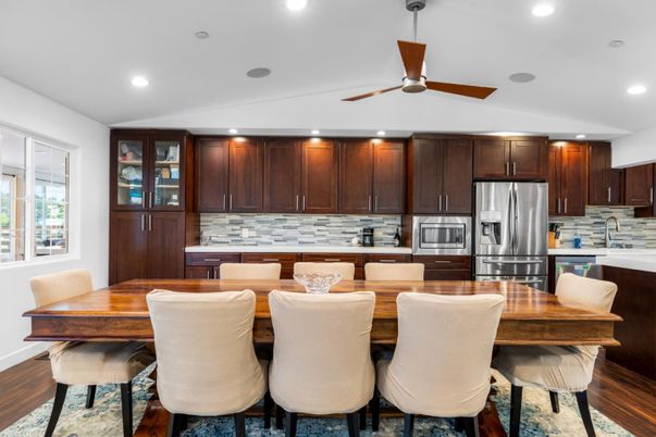 Dining room, Interior, Kitchen, Recessed Lighting, Stainless Steel Appliances, Wood Texture Flooring