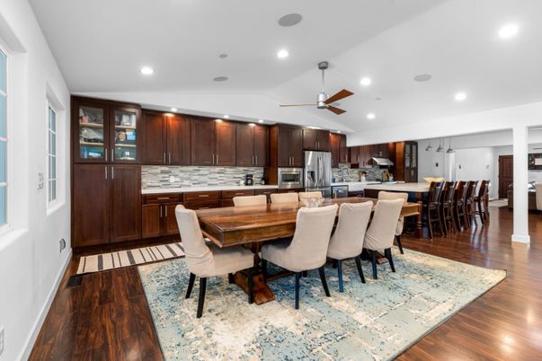 Dining room, Interior, Kitchen, Recessed Lighting, Stainless Steel Appliances, Wood Texture Flooring