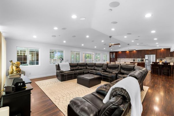 Interior, Kitchen, Living room, Recessed Lighting, Stainless Steel Appliances, Wood Texture Flooring