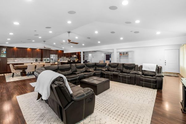 Dining room, Interior, Kitchen, Living room, Recessed Lighting, Wood Texture Flooring