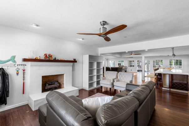 Dining room, Fireplace, Interior, Living room, Recessed Lighting, Wood Texture Flooring