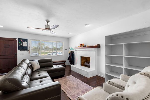 Fireplace, Interior, Living room, Recessed Lighting, Wood Texture Flooring