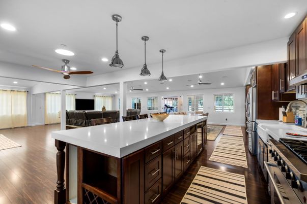 Dining room, Interior, Kitchen, Pendant Lights, Recessed Lighting, Wood Texture Flooring
