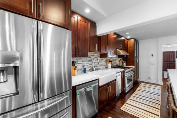 Interior, Kitchen, Recessed Lighting, Stainless Steel Appliances, Wood Texture Flooring