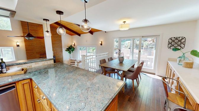 Dining room, Interior, Pendant Lights, Wood Texture Flooring