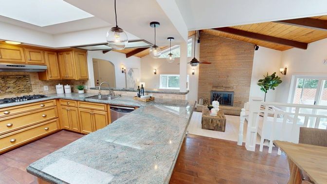 Fireplace, Interior, Kitchen, Pendant Lights, Stainless Steel Appliances, Stone Walls, Wooden Beams, Wooden Ceilings, Wood Texture Flooring