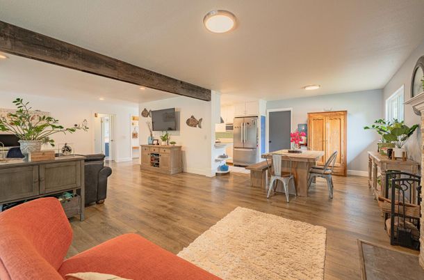 Dining room, Interior, Kitchen, Recessed Lighting, Wooden Beams, Wood Texture Flooring