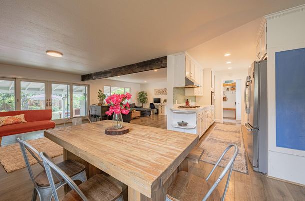 Dining room, Interior, Kitchen, Living room, Recessed Lighting, Wood Texture Flooring