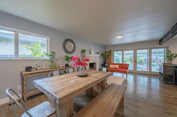 Dining room, Fireplace, Interior, Living room, Wood Texture Flooring