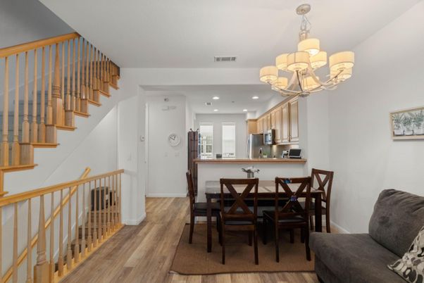 Chandelier, Dining room, Interior, Kitchen, Recessed Lighting, Wood Texture Flooring