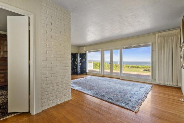 Empty room, Fireplace, Interior, Stone Walls, Water, Wood Texture Flooring