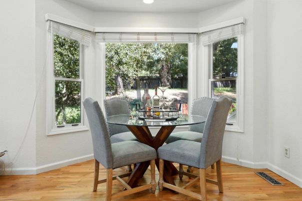 Dining room, Interior, Recessed Lighting, Wood Texture Flooring